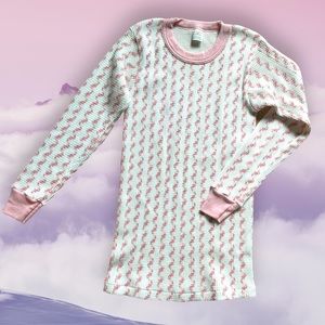 Vintage 80s pink and white long sleeve floral thermal waffle shirt medium M VTG